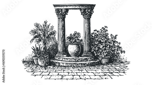Potted Plants and Classical Architectural Archway Sketch on Transparent Background. Vector hand drawn illustration