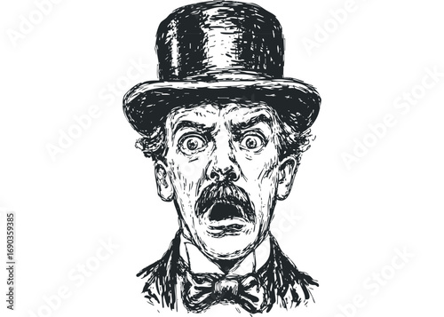 Shocked Man in Top Hat Open Mouth Expression. Vector hand drawn illustration
