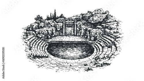 Ancient stone amphitheater with pool and architectural entrance rendered in sketch style on transparent background. Vector hand drawn illustration