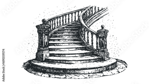 Detailed Sketch of a Grand Spiral Staircase with Ornate Balustrades. Vector hand drawn illustration