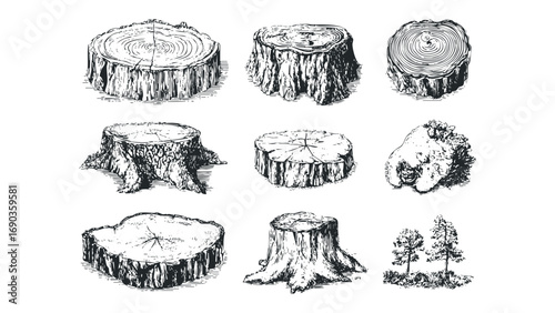 Collection of Hand Drawn Wood Tree Stump Elements. Vector hand drawn illustration
