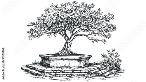 Detailed sketch of a mature tree in a stone planter with a stone pathway. Vector hand drawn illustration