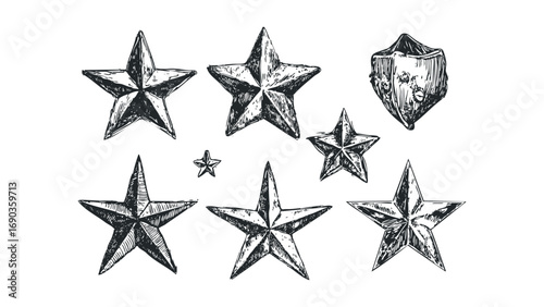 Hand Drawn Stars and Shield Isolated on White. Vector hand drawn illustration