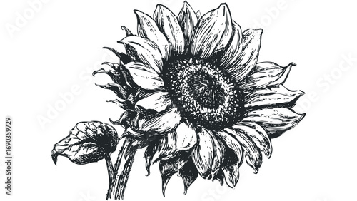 Ink sketch of a sunflower with bud on transparent background. Vector hand drawn illustration
