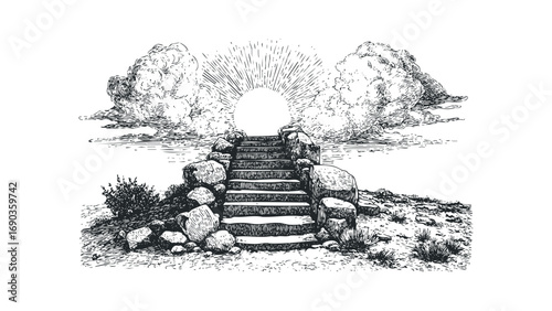 Stone steps leading up to sun and clouds drawn in a sketchy style. Vector hand drawn illustration