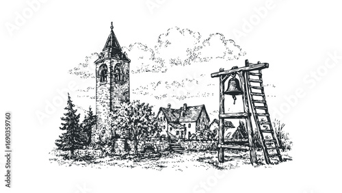 Pen and ink sketch of a village bell tower and a detached bell structure. Vector hand drawn illustration