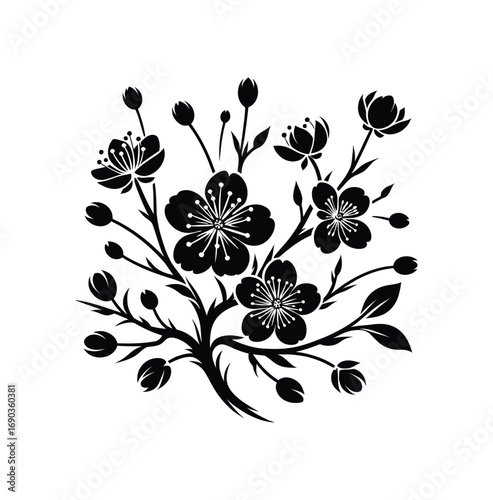 Elegant Floral Arrangement Featuring Blossoming Cherry Flowers A Symphony of Black and White for Timeless Sophistication