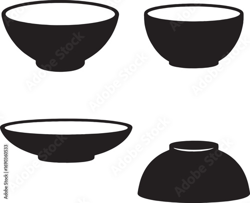 Black and White Bowl Silhouette – Minimal Round, Deep, Shallow, and Upside-Down Designs Isolated on White, set of bowls, 
