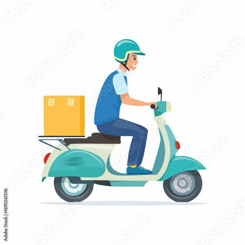 Vector illustration of a delivery service courier riding a scooter. Young man in a helmet transporting a parcel box for fast shipping
