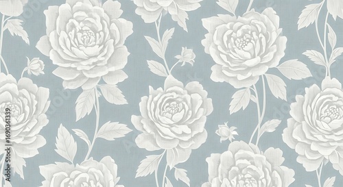 Seamless pattern of white roses on a textured blue background