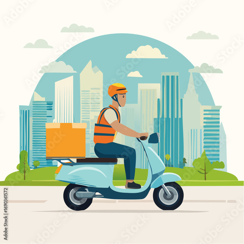 Food Delivery Courier on Motorbike in City, Flat Vector Illustration of Urban Delivery Service