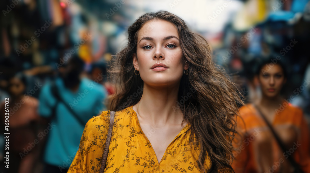 Naklejka premium A confident woman walking through a crowded street, exudes determination and grace