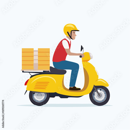 An express delivery courier rides a yellow scooter, carrying a package. This flat design vector illustration represents fast shipping and transport services