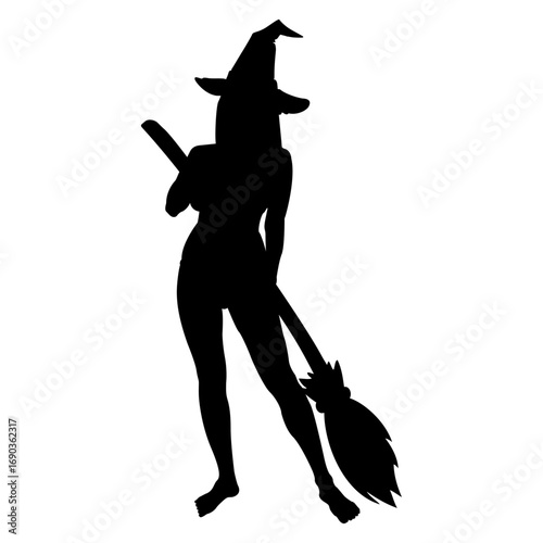 Silueta de bruja desnuda sexy de pie con sombrero y escoba para su uso en felicitaciones y tarjetas de Halloween