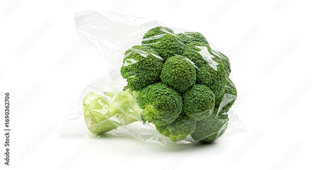 Fototapeta premium A head of broccoli is sealed in a clear plastic bag on a white background
