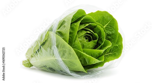 A head of romaine lettuce encased in a clear plastic bag on a white surface