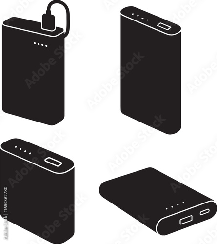 Black and White Silhouette of a Power Bank – Minimalist Portable Charger Design Isolated on White