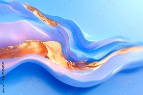 An elegant and artistic abstract background with flowing waves of rich blue and gold liquid