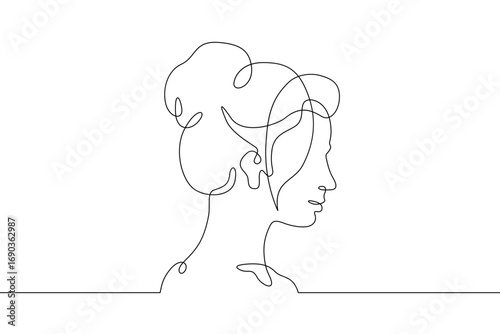 Continuous one line drawing female profile. Portrait of a woman. Ink line. Line art.One continuous line isolated illustration.Not AI.