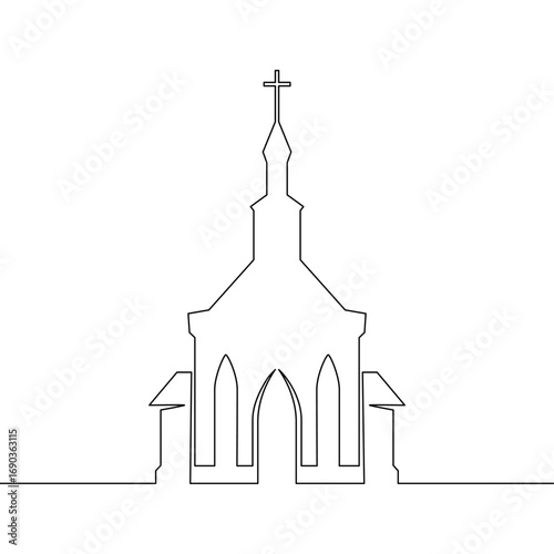 Continuous one line drawing Catholic church. Religious architecture. One continuous line isolated minimal illustration.Not AI.