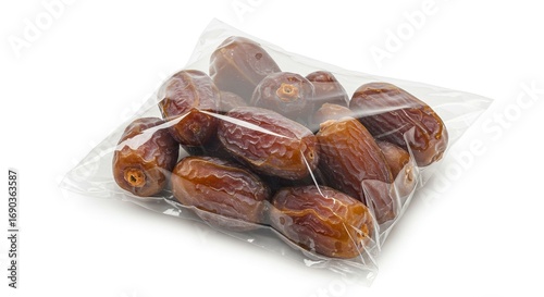 A clear plastic bag filled with brown dates