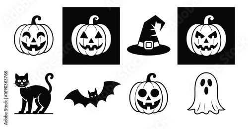 Set of eight Halloween icons including jack-o'-lanterns, witch hat, black cat, bat, ghost, all in bold silhouette style for festive design use