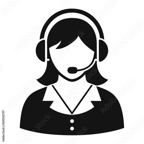 Faceless call center agent wearing headset and jacket is portrayed in monochrome silhouette