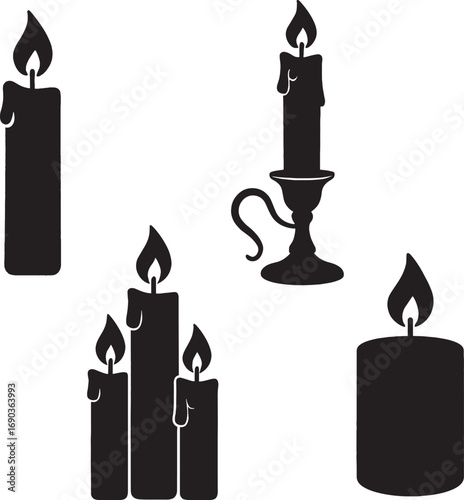 Black and White Candle Silhouette – Single, Pillar, Decorative, and Grouped Candles Isolated on White
