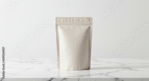 A matte silver standup pouch with a zip closure rests on a marble surface against a plain white backdrop