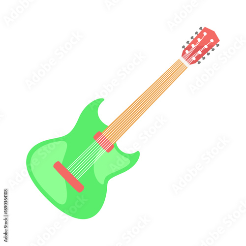 Vibrant green electric guitar with colorful strings positioned against a white background