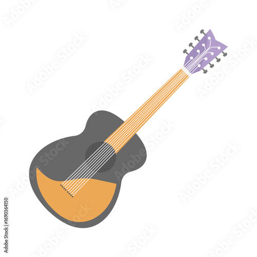 Illustration of a guitar with a stylized design and vibrant colors against a plain background