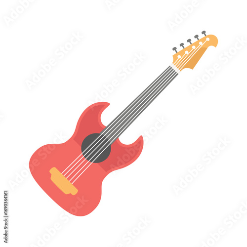 Colorful electric guitar angled against a plain background, showcasing its design and features