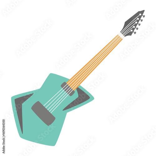 A vibrant teal electric guitar with a sleek design, angled for display against a plain background