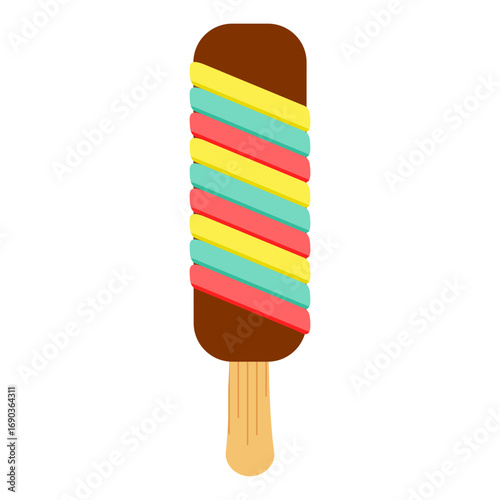 Colorful ice cream cone with vibrant swirls of flavors against a simple background
