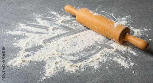 A wooden rolling pin sits atop a gray surface dusted with flour