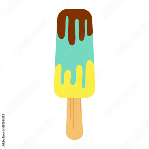 Colorful layered dessert with chocolate, mint, and yellow flavors on a simple background