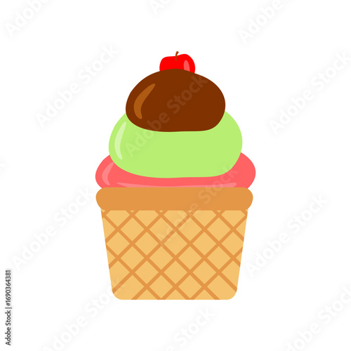 Colorful ice cream cone with cherry on top, showcasing vibrant flavors against a plain background