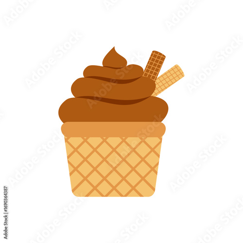 Delicious chocolate soft serve ice cream in a waffle cone with decorative wafer sticks