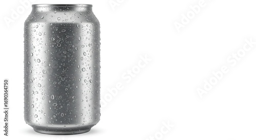 A silver soda can with water droplets casting a shadow on a white background