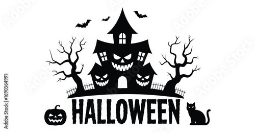 Halloween illustration with haunted house, twisted trees, bats, jack-o'-lantern, black cat, and bold text, perfect for spooky seasonal design
