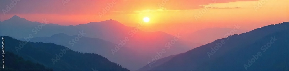 Obraz premium Serene sunrise over a misty mountain range, conveying a sense of spiritual peace and tranquility Perfect for meditation, yoga, or mindfulness themes , nature, cosmic