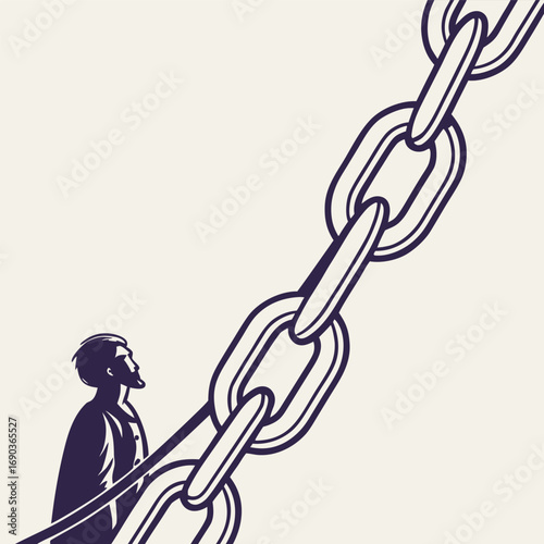 A man gazes up at a giant chain symbolizing challenges connections and the weight of responsibility in a stylized illustration