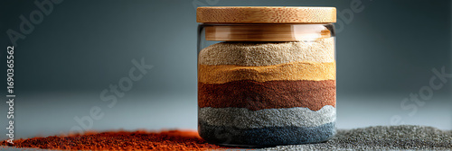 Layers of colored sand, clay, and soil from different earth strata collected in a glass jar. A concept for geology, archaeology, or natural resources.
