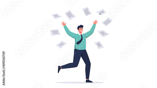 Flat vector illustration of office employee celebrating success throwing papers in the air in modern workplace scene