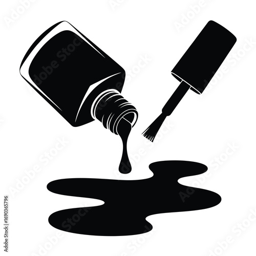 Black nail polish bottle spilling with brush and puddle