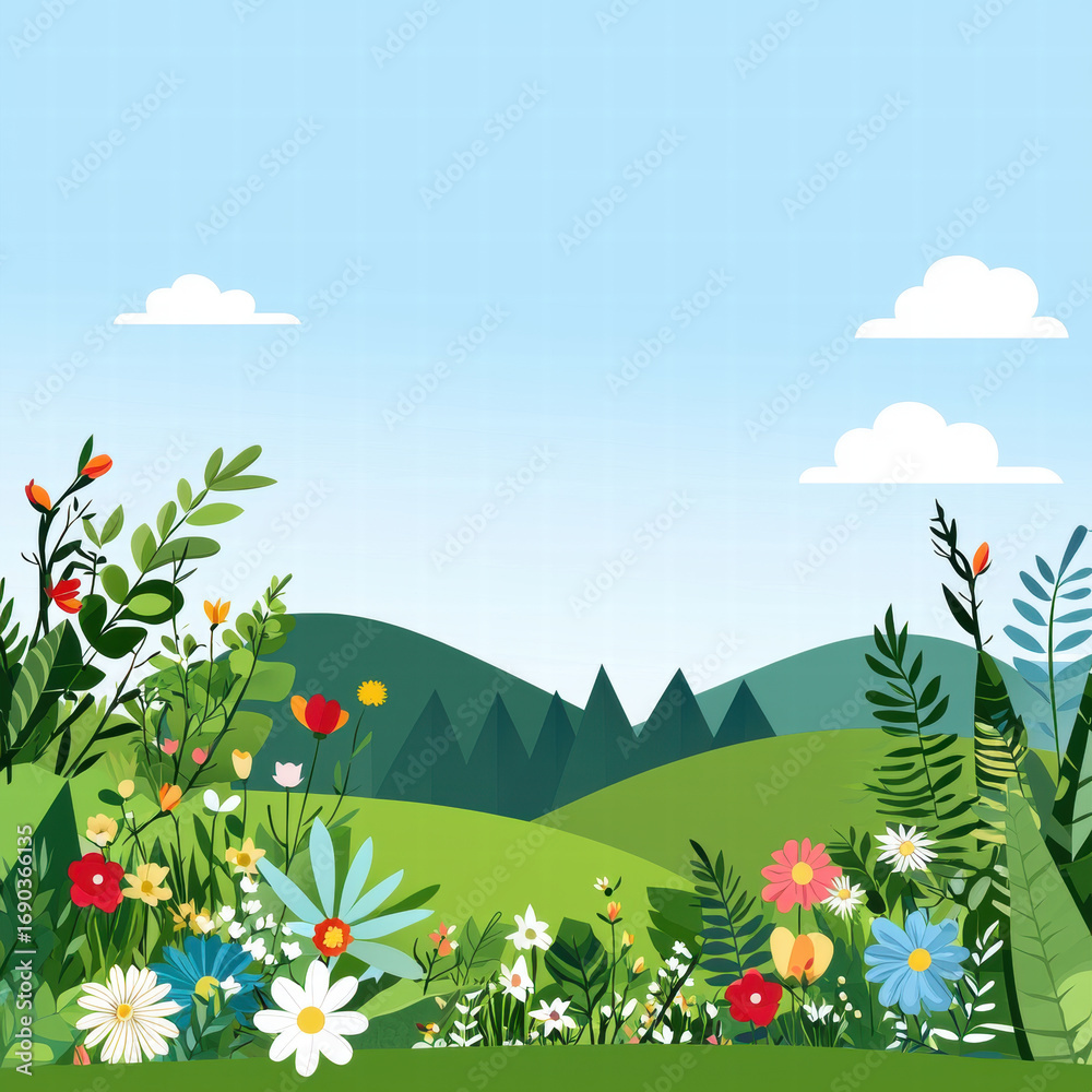 Obraz premium Wildflower meadow green hills blue sky cartoon style summer daylight copy space cheerful mood
