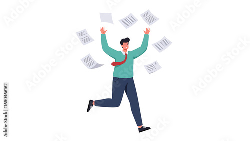 Professional office scene with worker throwing papers to celebrate success motivation and achievement vector illustration