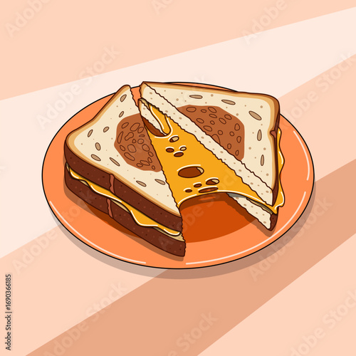 A golden brown toasted sandwich, with a layer of melted, gooey cheese oozing invitingly from the center, served on an orange plate. Perfect for celebrating National Cheese Toast Day on September 15th.