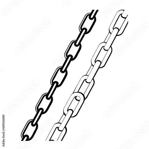 Two black and white chains are displayed diagonally on a white background one solid and one with an outline isolated on white background