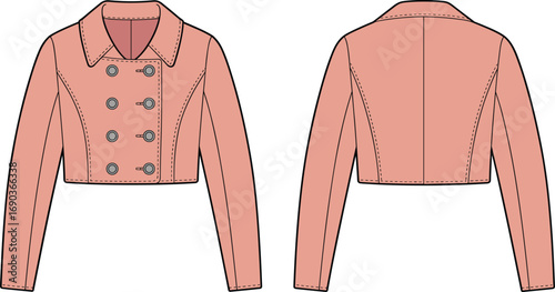 Cropped double-breasted jacket with classic collar – tailored fit, long sleeve fashion flat